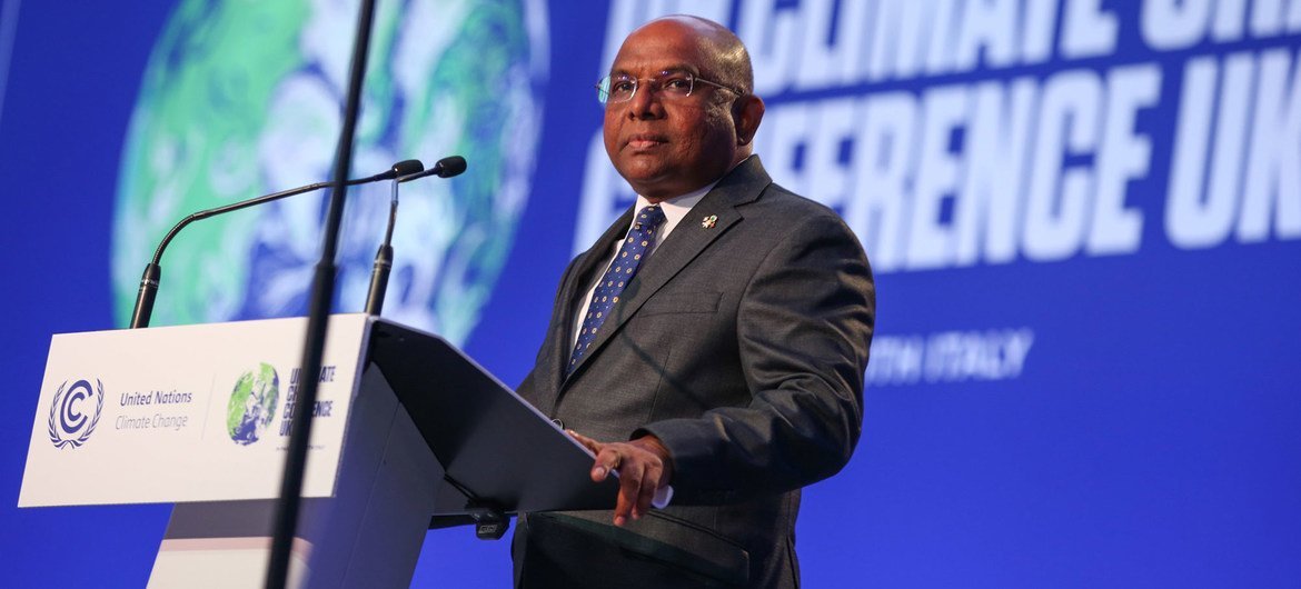 Le président de l'Assemblée générale des Nations Unies, Abdulla Shahid, prononce une allocution à l'ouverture de la Conférence sur le climat COP26 à Glasgow, en Écosse.